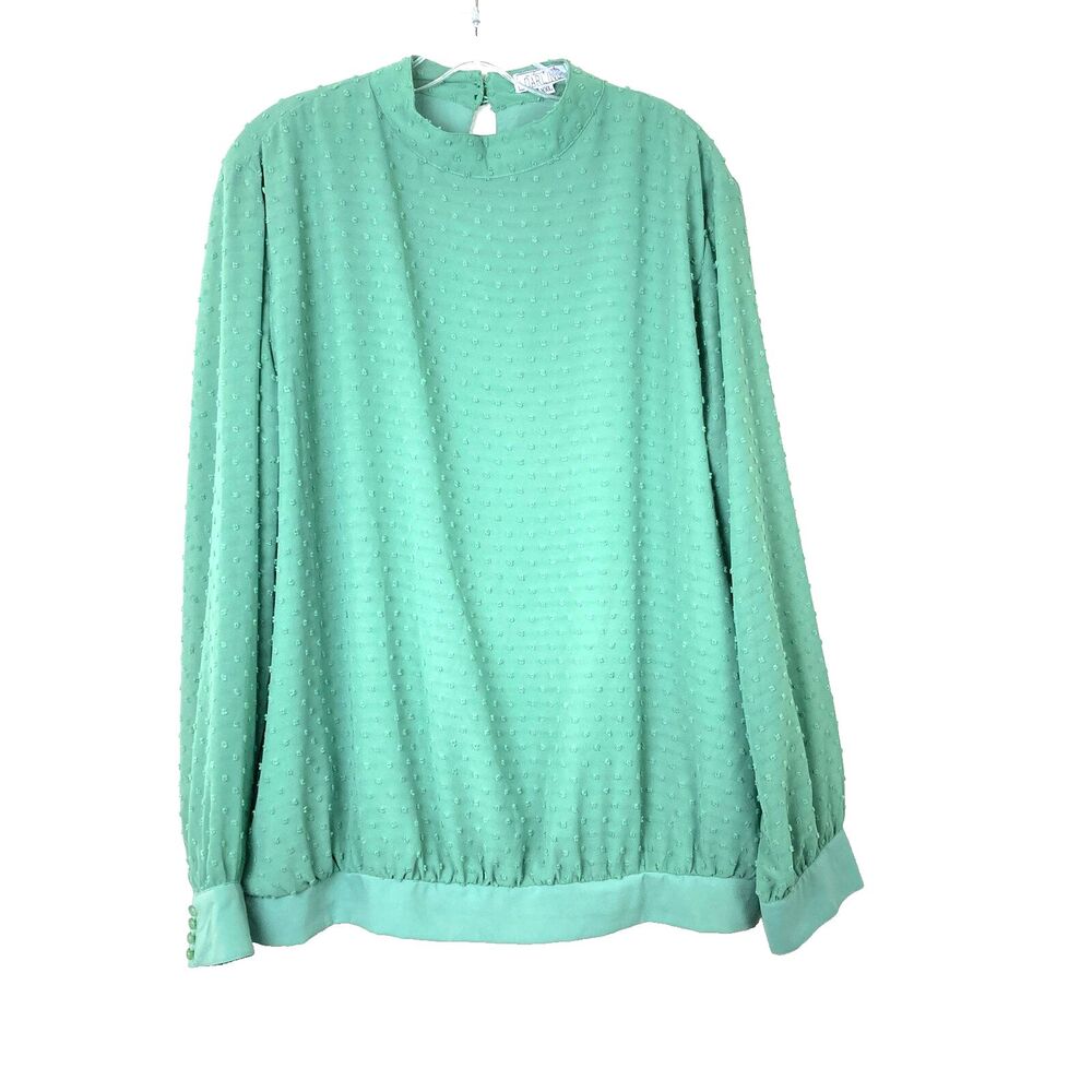 A Dip of Darling Womens Swiss Dot Blouse Size XXL Green High Neck Balloon Sleeve
